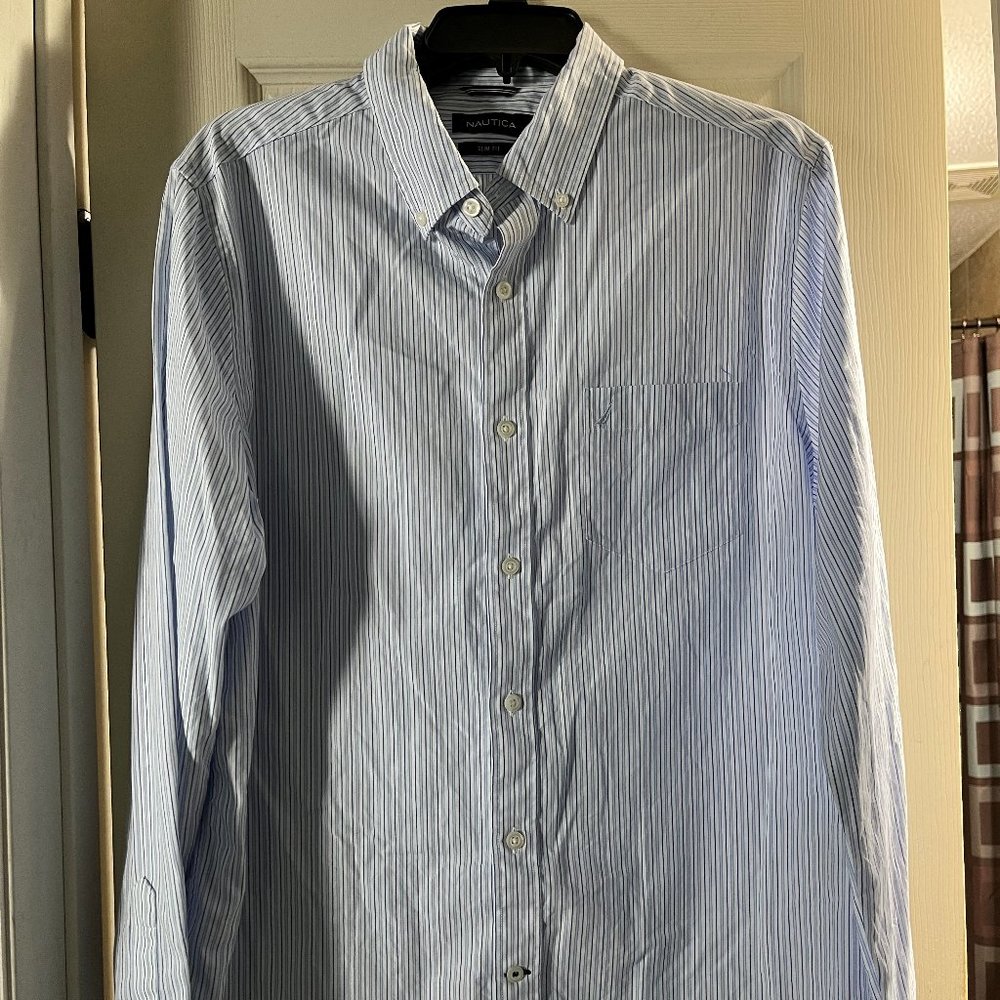Men's Nautica Button Down shirt; size L;  slim fit; blue and white stripped